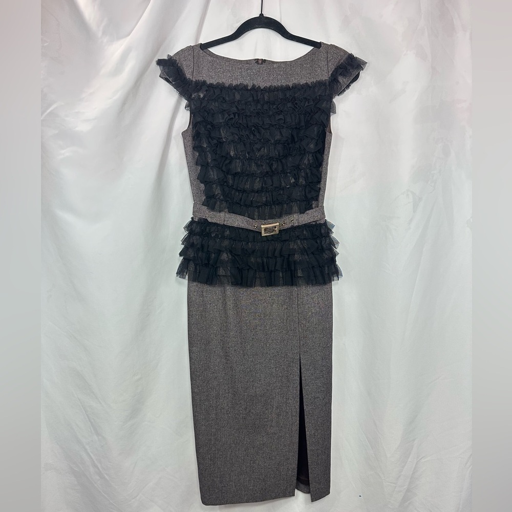 Thomas Wylde black ruffle pencil midi dress with leg slit